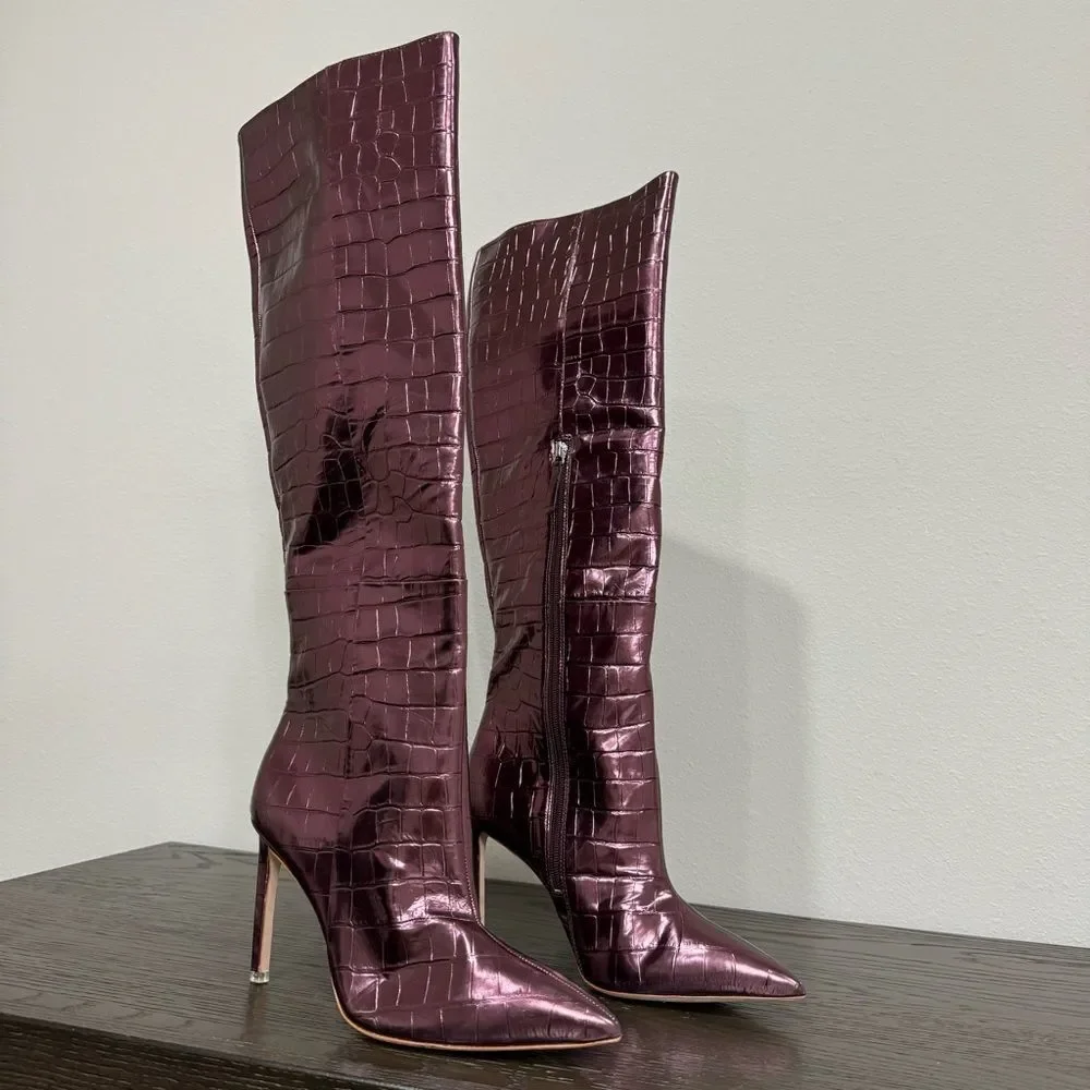 BLACK SUEDE STUDIO Tall Stiletto‎ Boot Croc Embossed Point Toe Oxblood Metallic